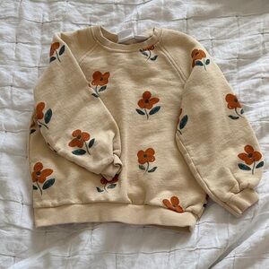 Zara Cream Floral Crewneck Sweater with Orange Flower Print